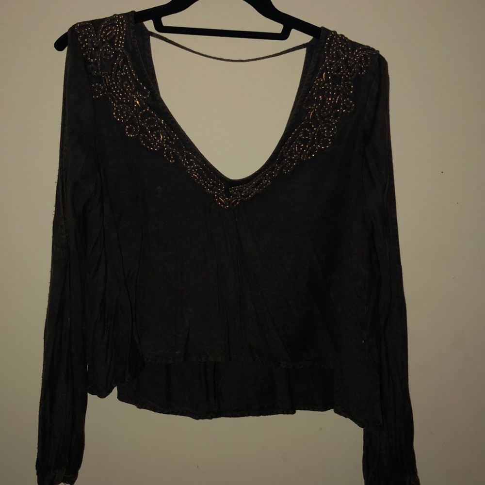 V Neck Embroidered Long Sleeve Top